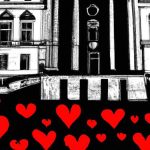 Ilustración de un edificio institucional con corazones rojos que simbolizan la confianza y legitimidad ciudadana en la gestión de marca pública.