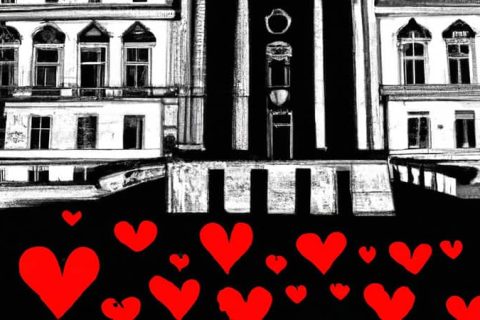 Ilustración de un edificio institucional con corazones rojos que simbolizan la confianza y legitimidad ciudadana en la gestión de marca pública.