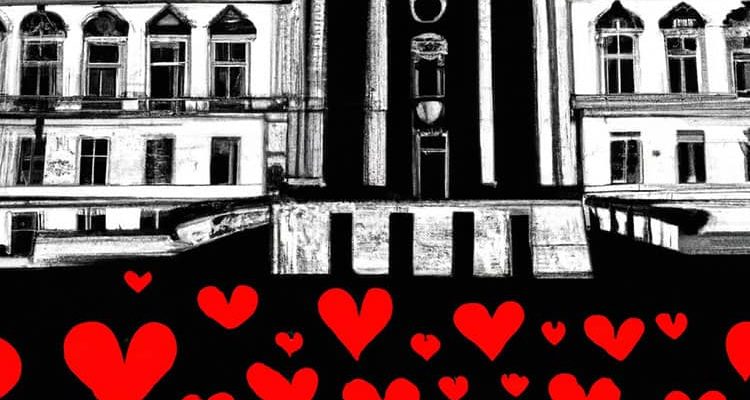 Ilustración de un edificio institucional con corazones rojos que simbolizan la confianza y legitimidad ciudadana en la gestión de marca pública.