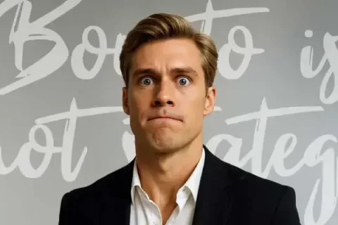 Retrato editorial de un hombre rubio con gesto incómodo; metáfora de “bonito is not strategy” en marketing.
