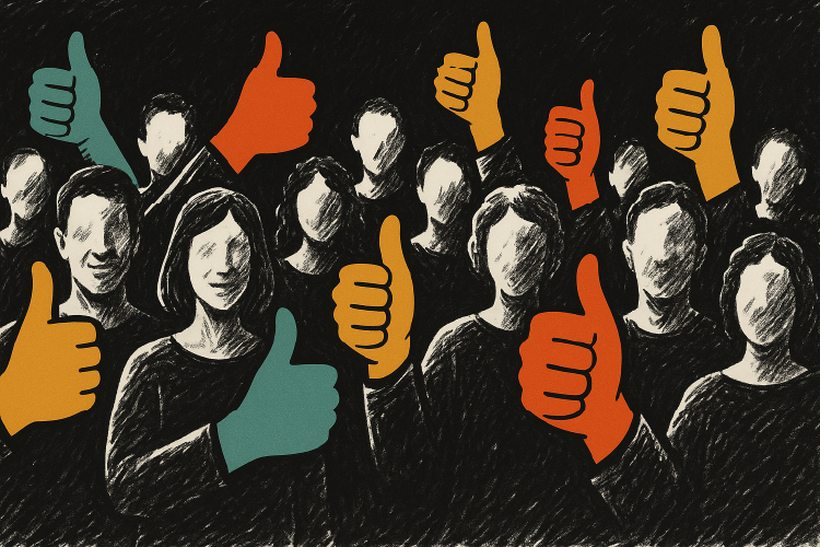 Ciudadanos levantando el pulgar en señal de aprobación, simbolizando confianza y legitimidad en la gestión de marca pública.