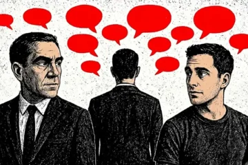 Ilustración de un Dircom entre un político y un ciudadano, rodeado de burbujas rojas de diálogo que simbolizan presión comunicacional y tensión ética en la comunicación pública y propaganda gubernamental.