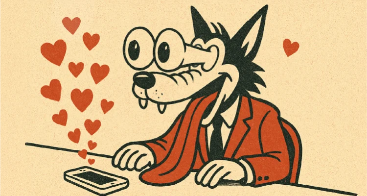 Caricatura de un profesional de marketing deslumbrado por likes en redes sociales, una métrica de vanidad sin retorno de inversión (ROI).